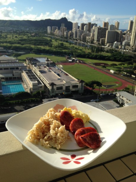 Typical breakfast back home; Portugese sausage, eggs and rice.